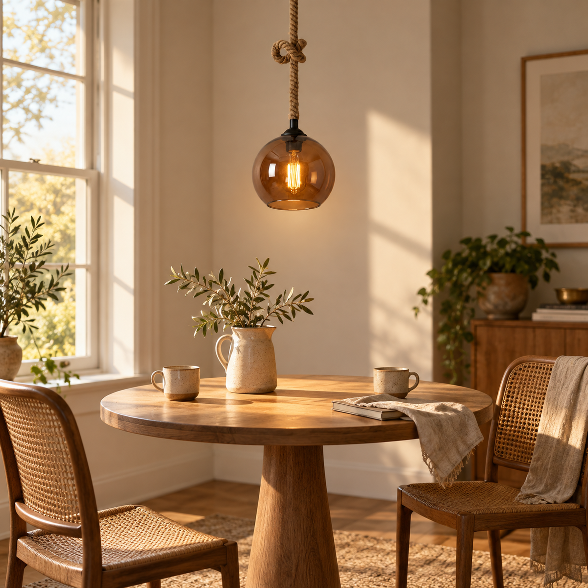 Peniche hemp rope glass globe pendant light in amber, beside a breakfast nook table.