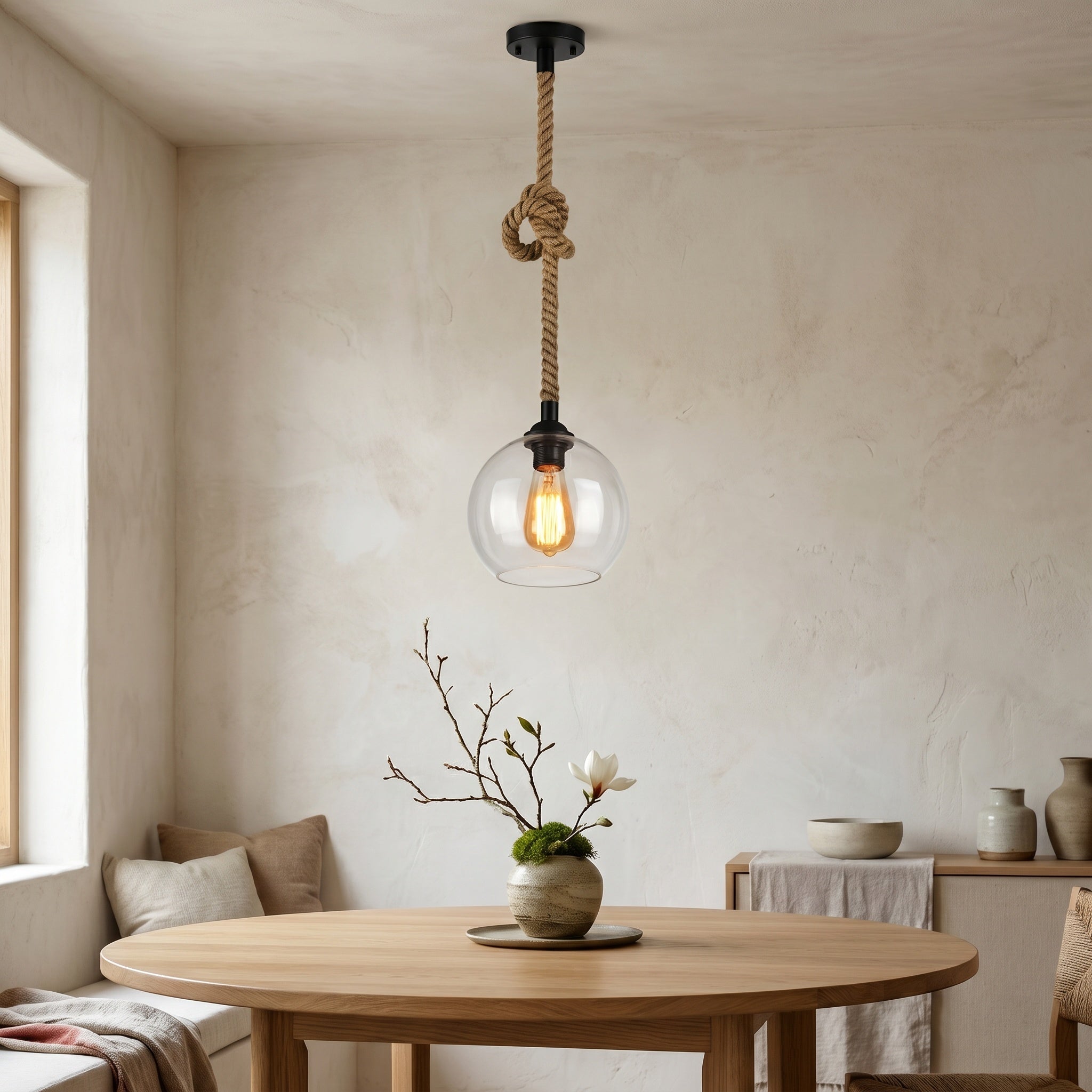 Peniche hemp rope glass globe pendant light hanging above a dining table in a styled room