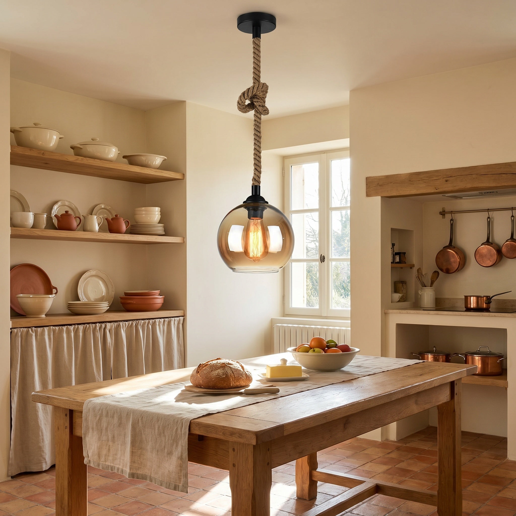 Peniche hemp rope glass globe pendant light over a kitchen island in a bright interior