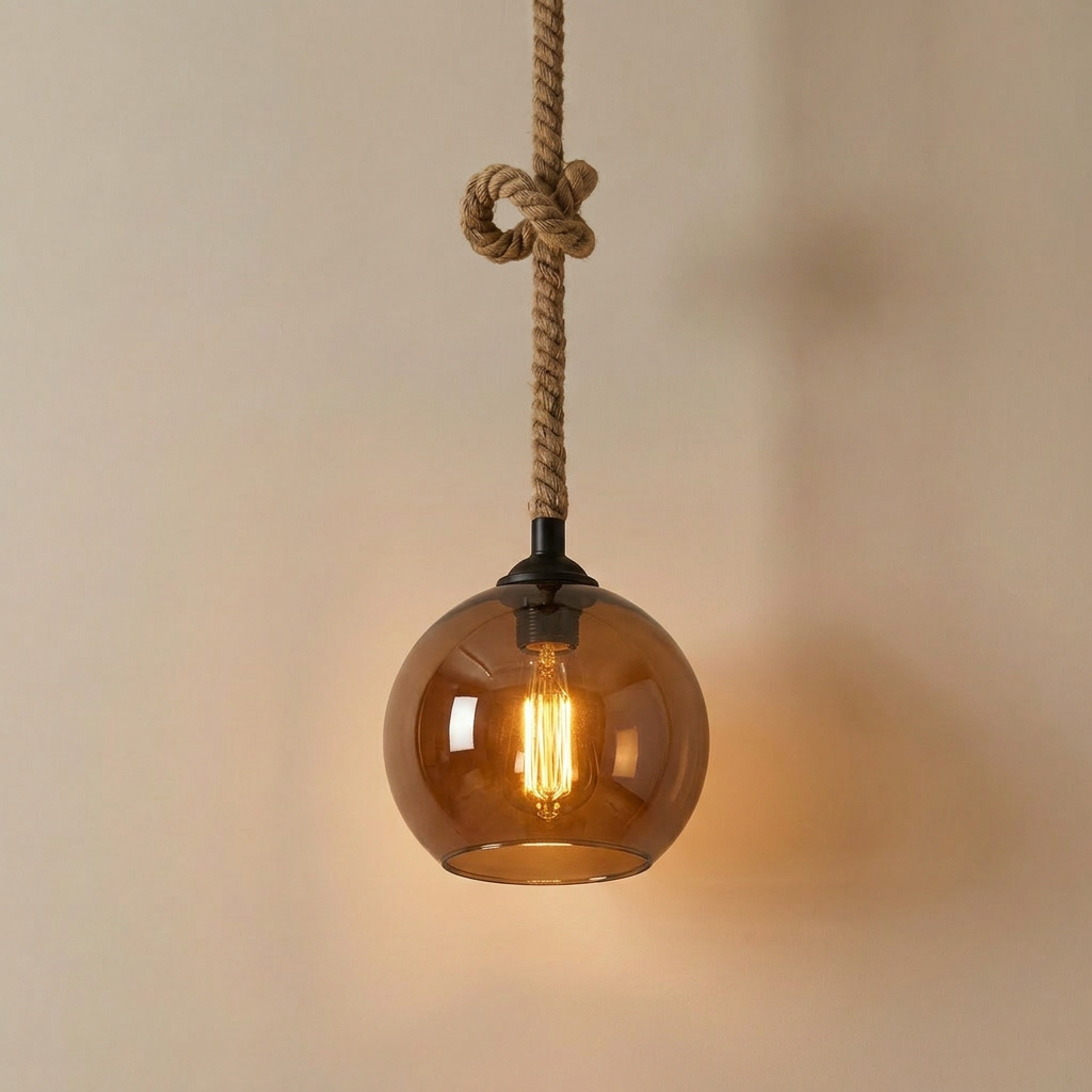 Peniche hemp rope glass globe pendant light close up showing braided hemp rope cord and globe shade