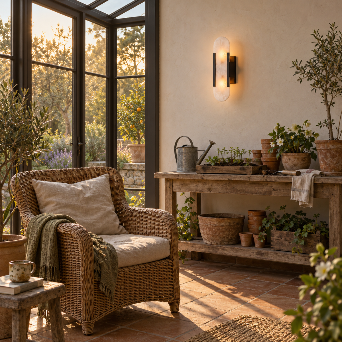 Piódão oblong alabaster wall sconce in black, in a garden.