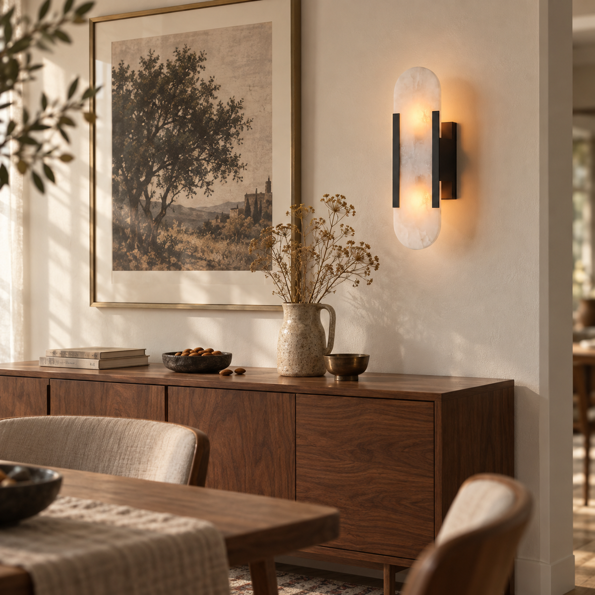 Piódão oblong alabaster wall sconce, brass finish, in a dining room.