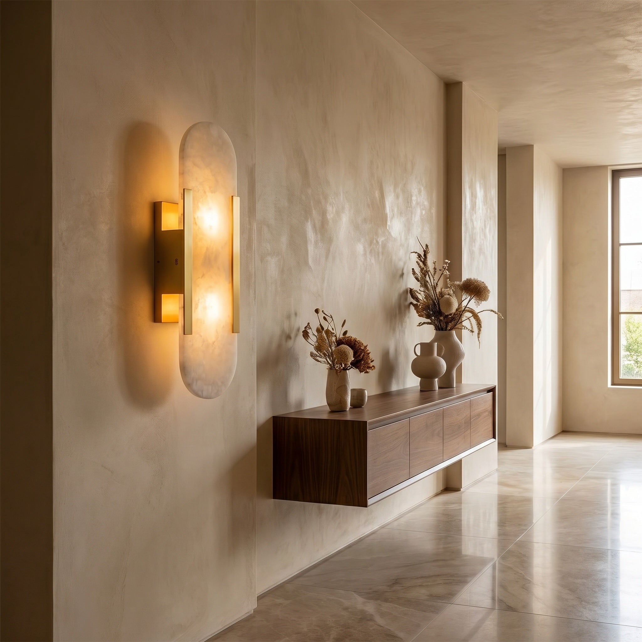 Piódão oblong alabaster wall sconce mounted beside a bed in a calm bedroom