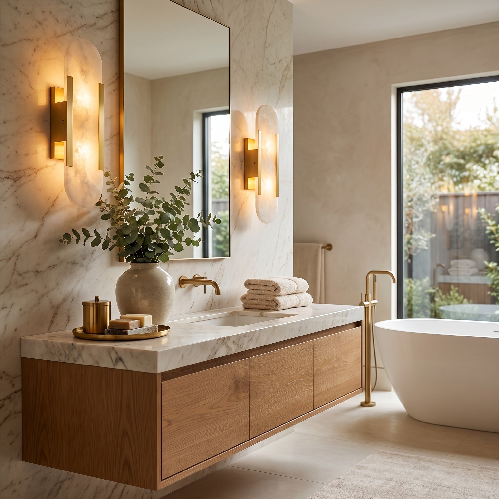 Piódão oblong alabaster wall sconce glowing against a textured wall in a living room