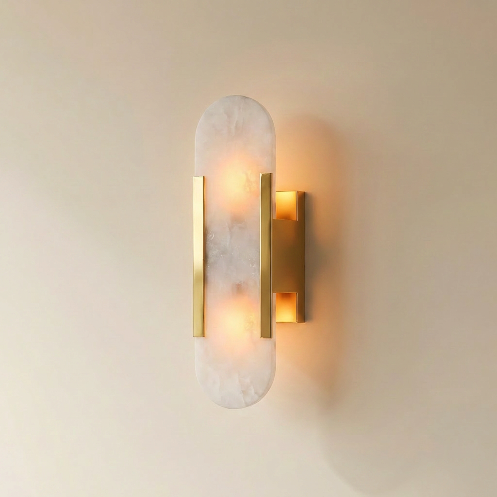Piódão oblong alabaster wall sconce with black metal backplate and plug-in cord, side view