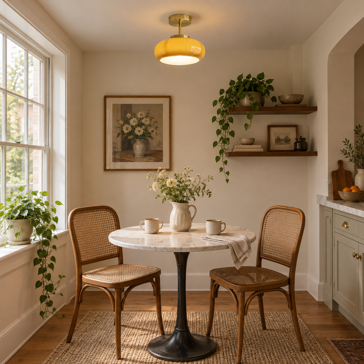 Portalegre yellow glass semi-flush ceiling light, brass finish, in a breakfast nook.