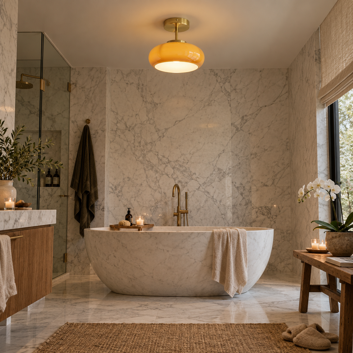 Portalegre yellow glass semi-flush ceiling light, brass finish, in a bathroom.