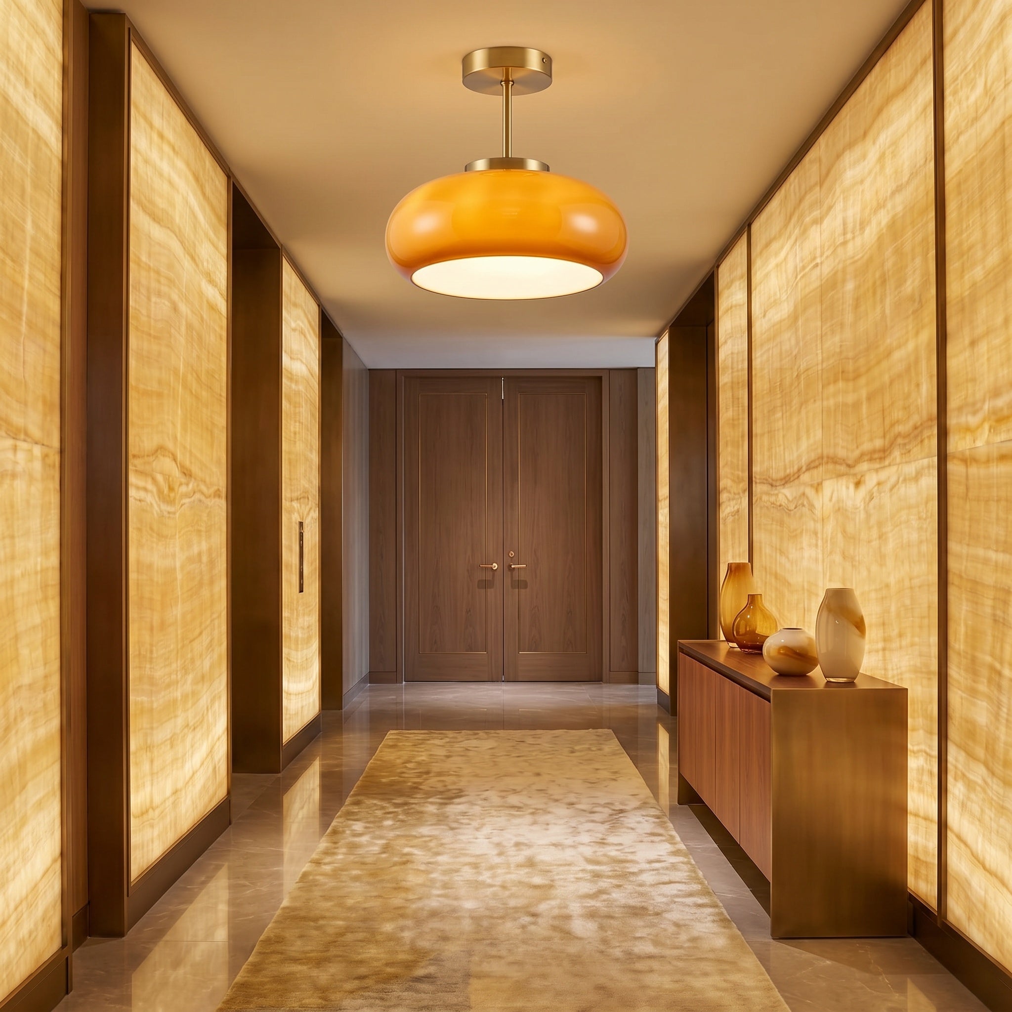Portalegre yellow glass semi-flush light viewed from below showing the brass frame