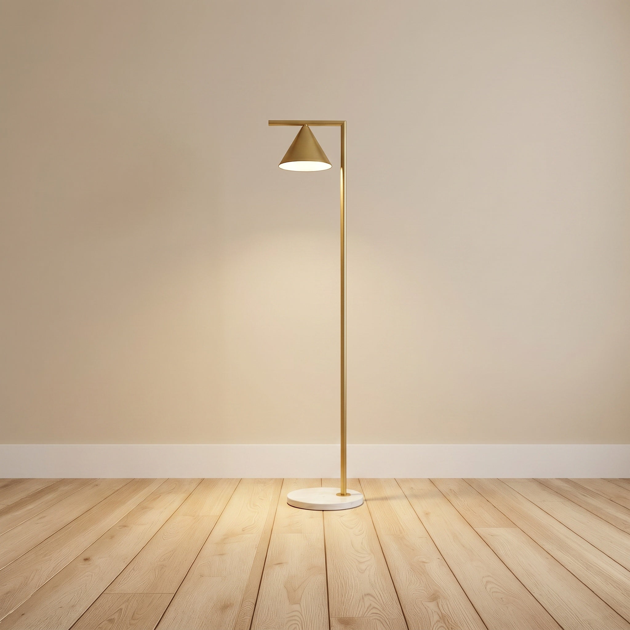Painted-steel cone floor lamp in copper with a Carrara marble base, product shot.