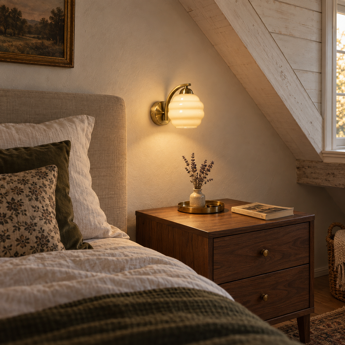 Setúbal Art Deco glass wall sconce, gold fitting, in a bedroom.