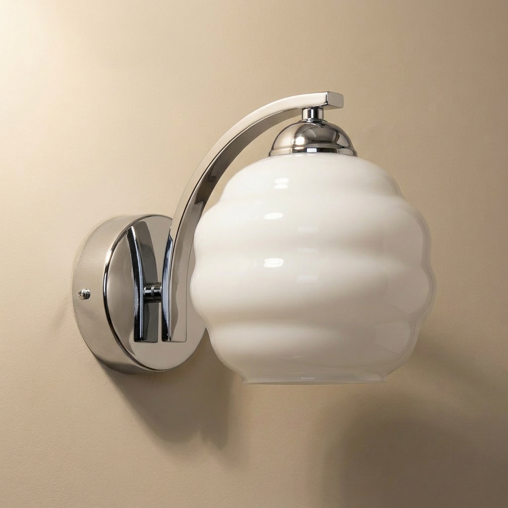 Setúbal Art Deco wall sconce in chrome fitting with white glass globe shades