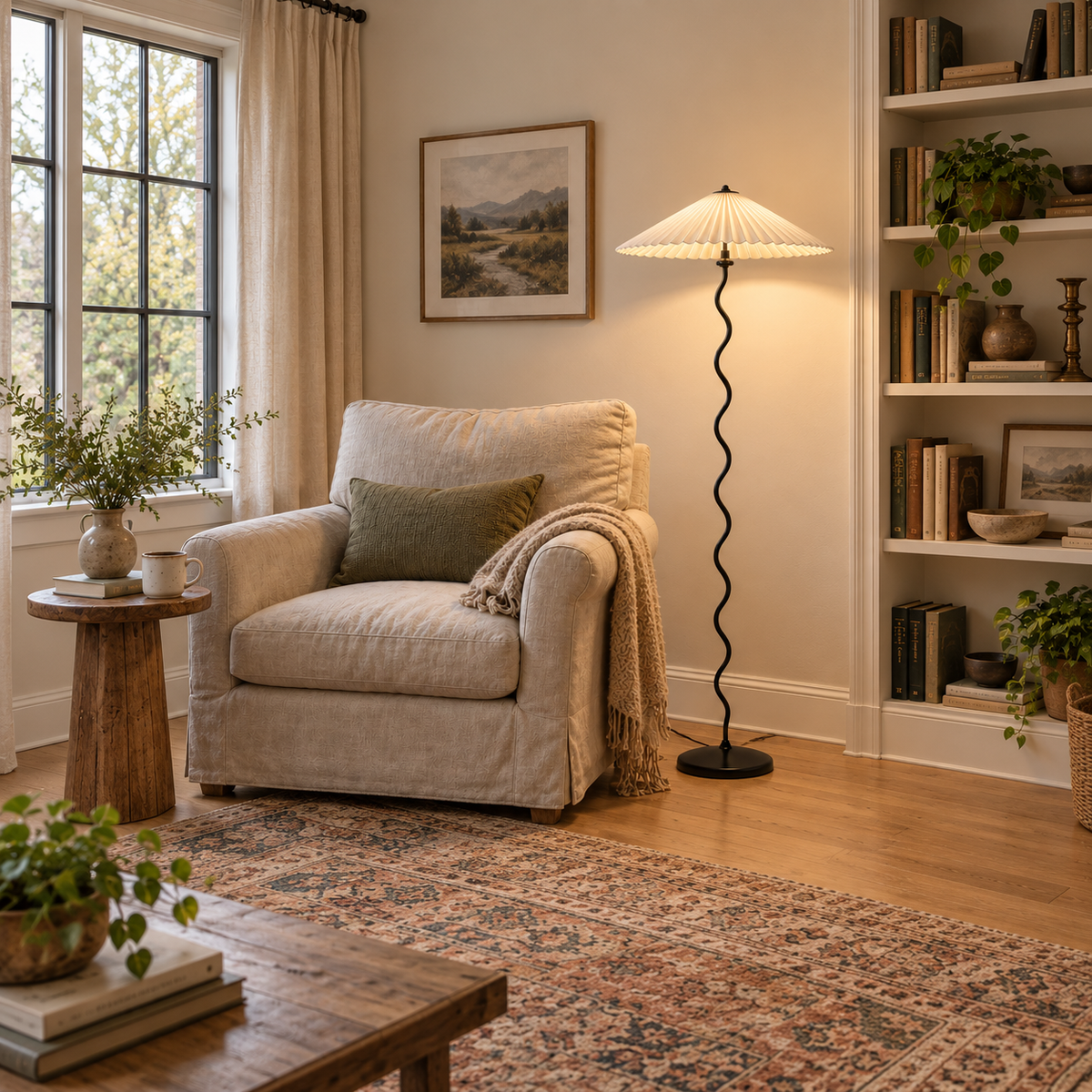 Sintra wavy-stem pleated floor lamp in beige, in a reading nook.