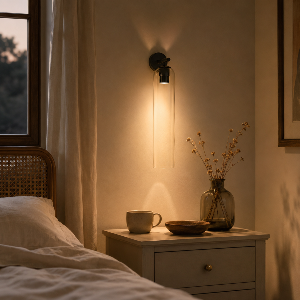 Sortelha mouthblown glass wall sconce in amber, in a bedroom.