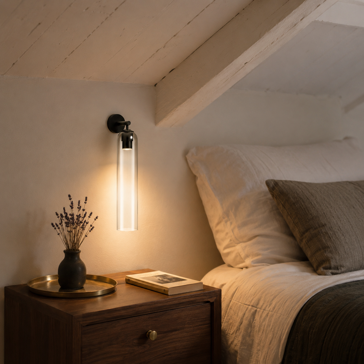 Sortelha mouthblown glass wall sconce in frosted white, in a bedroom.