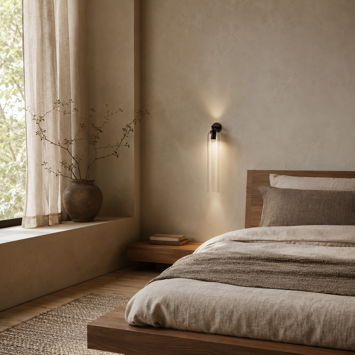Sortelha mouthblown glass wall sconce, sand nickel fitting, in a bedroom.
