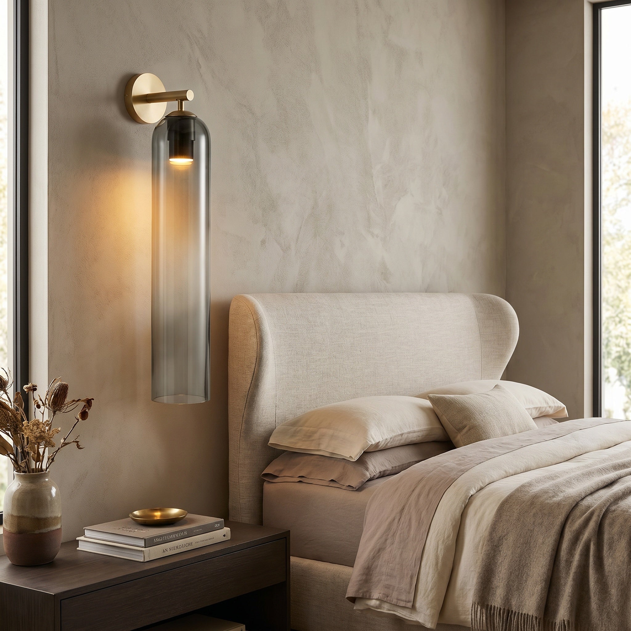 Sortelha wall sconce mounted along a stairwell wall in a home