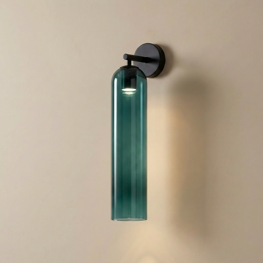 Sortelha mouthblown glass wall sconce, iron stem and glass shade, angled product view