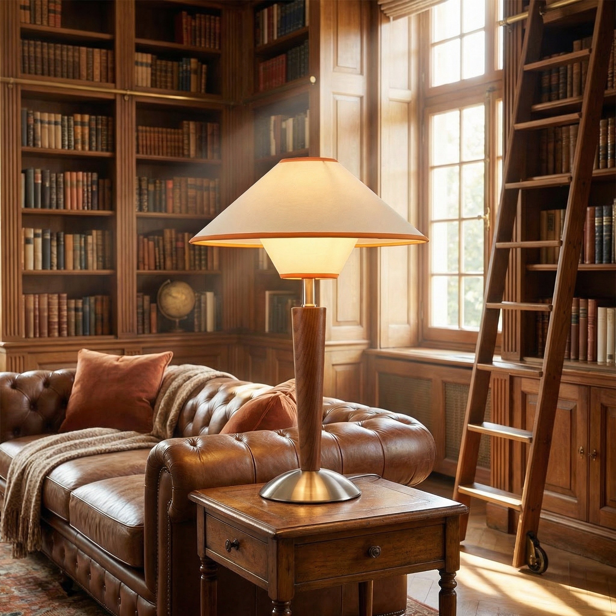 Walnut wooden table lamp with beige shade in a library with leather chesterfield sofa.
