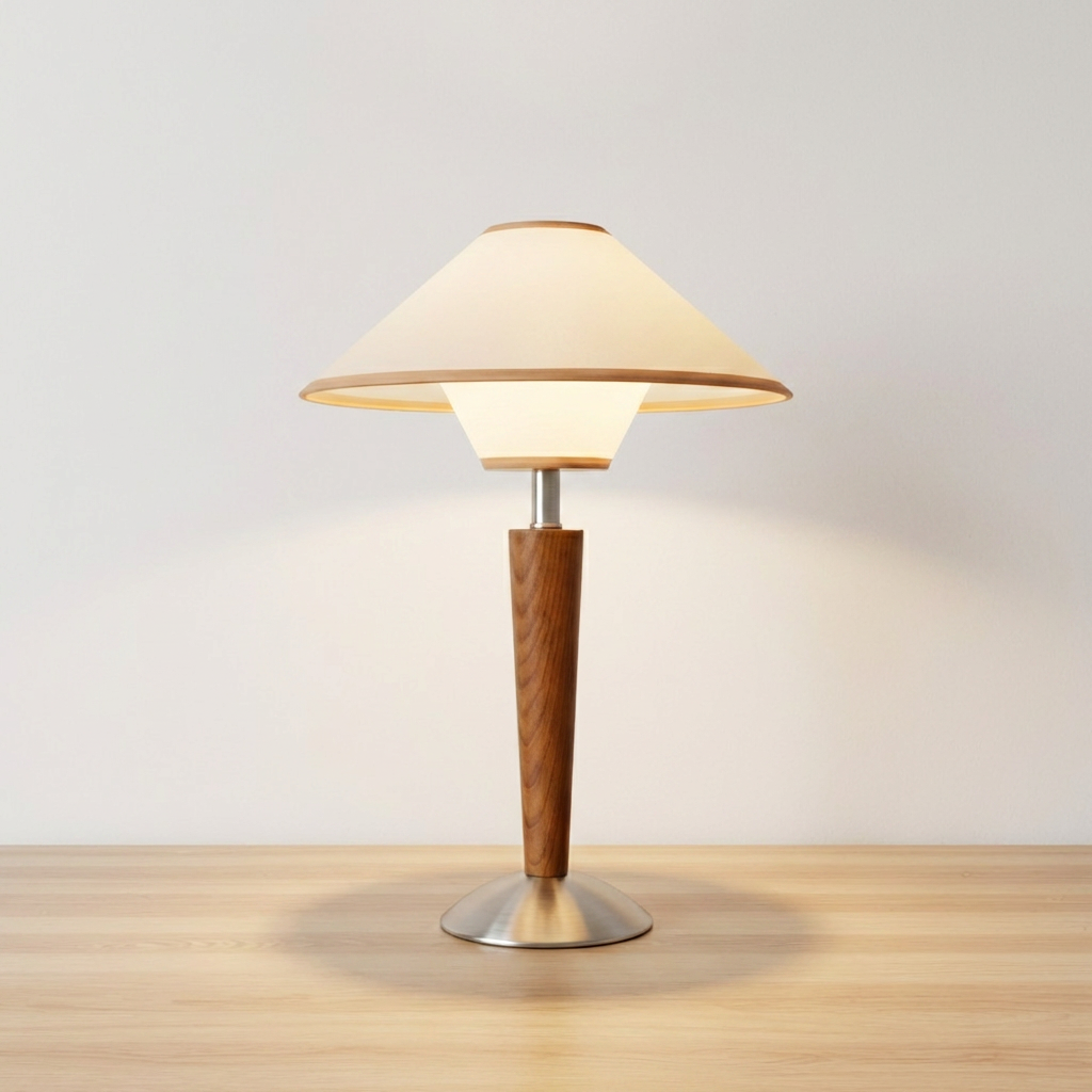 Wooden table lamp with walnut-finished base and beige fabric shade, product shot.
