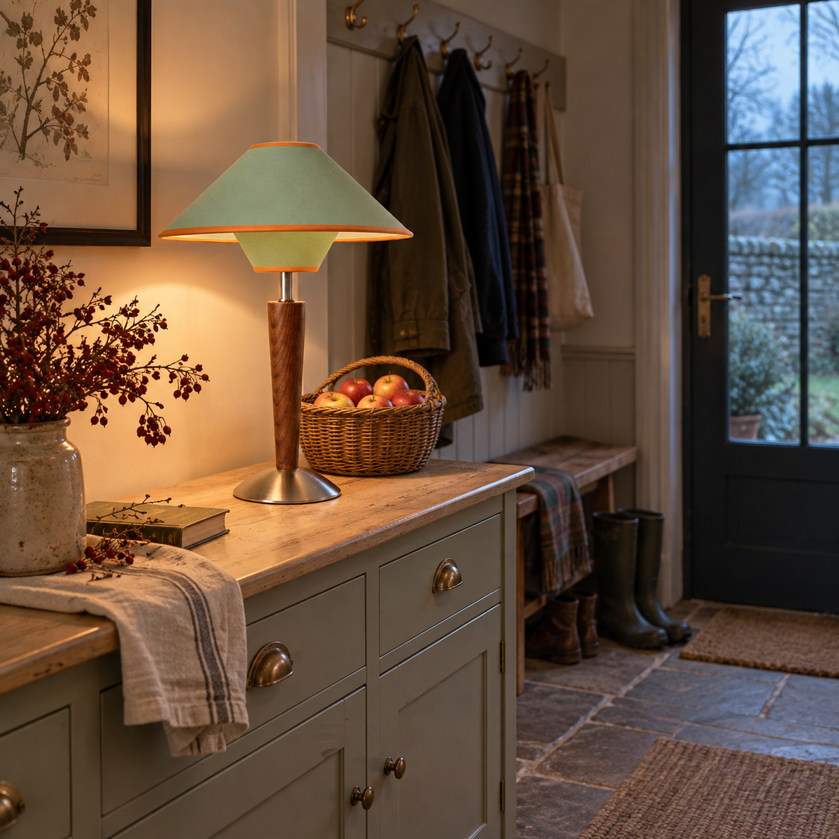 Tavira modern wooden table lamp in green, beside a console table.
