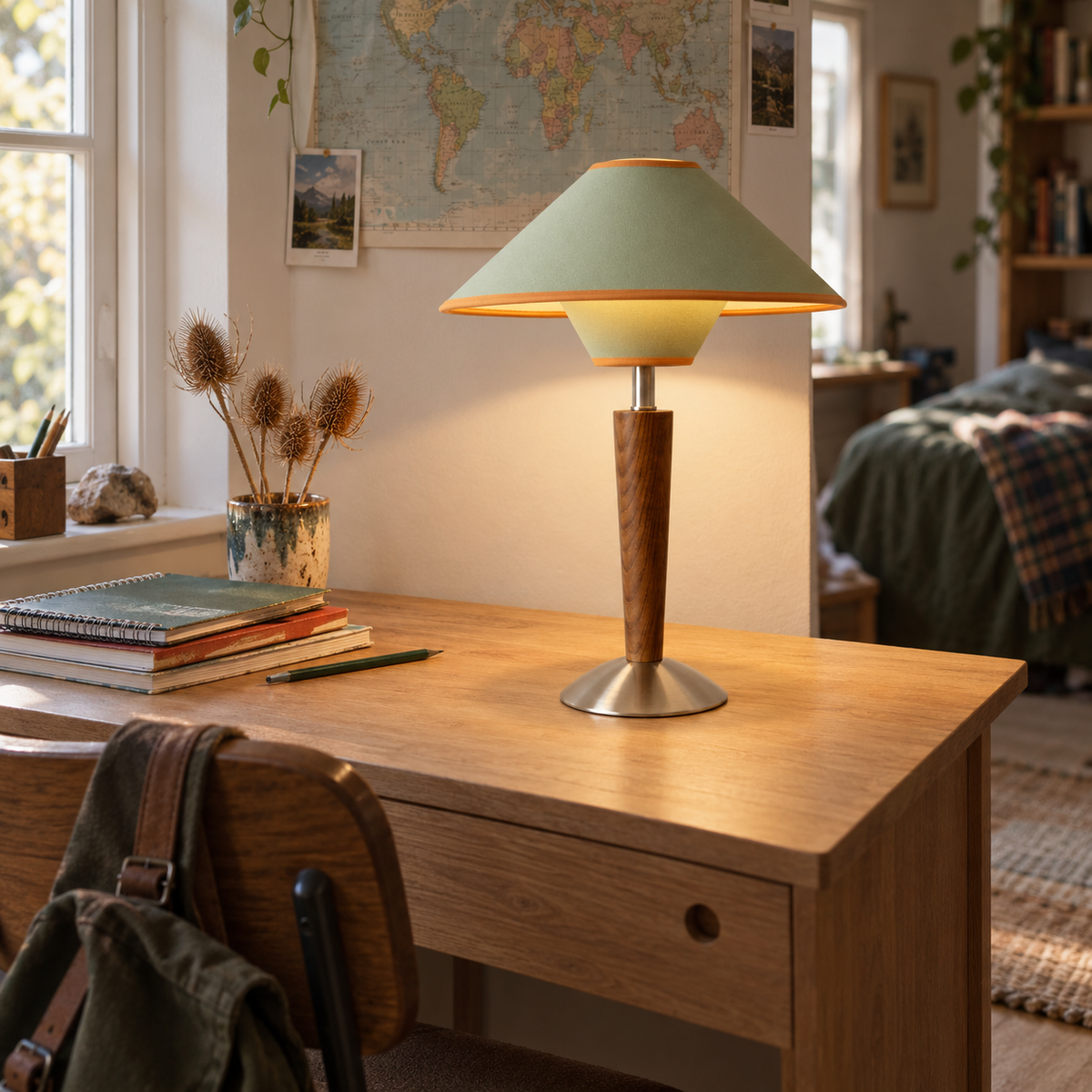 Tavira modern wooden table lamp in green, in a bedroom.