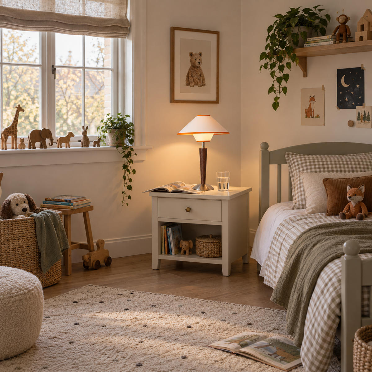 Tavira modern wooden table lamp in tan, in a bedroom.