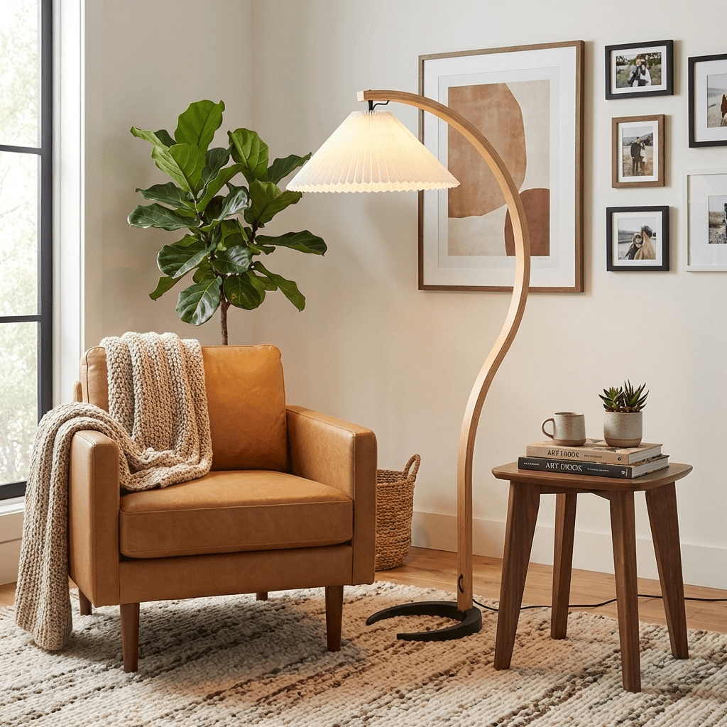 Bentwood beech floor lamp with white pleated shade beside a tan leather armchair and fig plant.