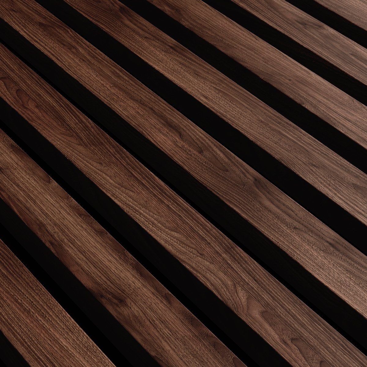 Vela slat panels in a living room, vertical oak slats softening the wall.