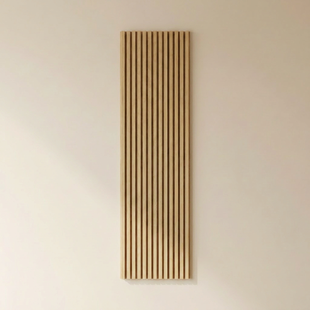 Vela oak slat wall panel in natural oak, light golden slats.