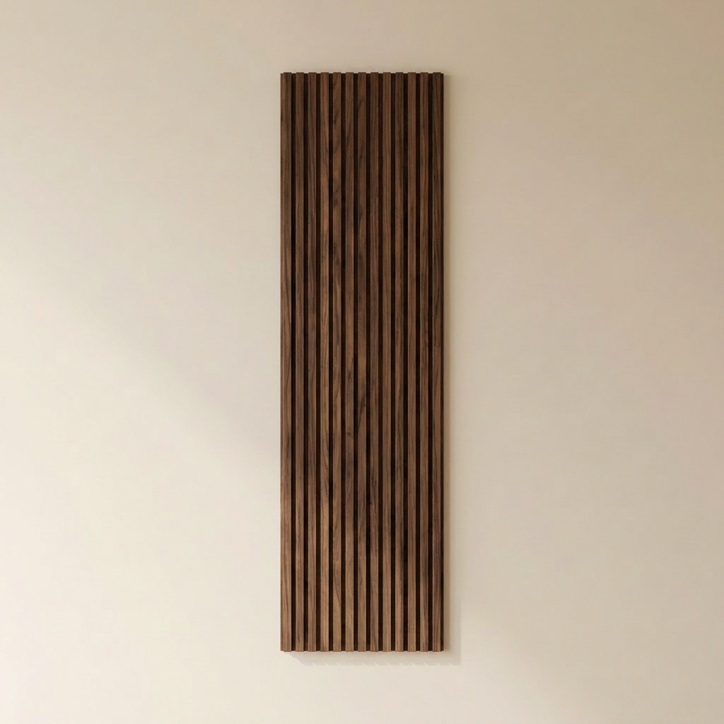 Vela oak slat wall panel in natural smoked oak, warm darker tones.