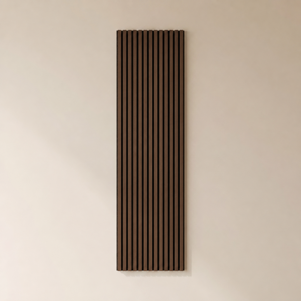 Vela oak slat wall panel in natural walnut, medium brown slats.