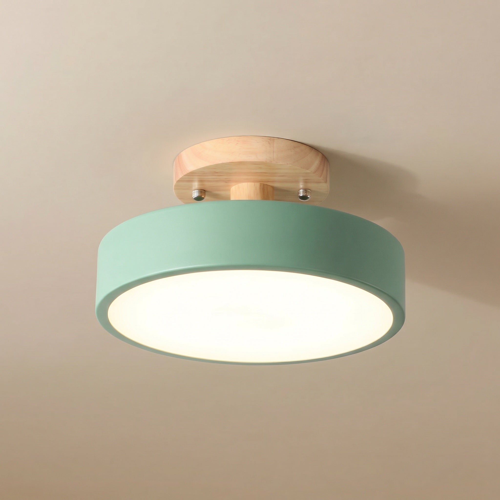 Viseu Nordic LED semi-flush ceiling light, green drum shade with wood canopy, studio view.
