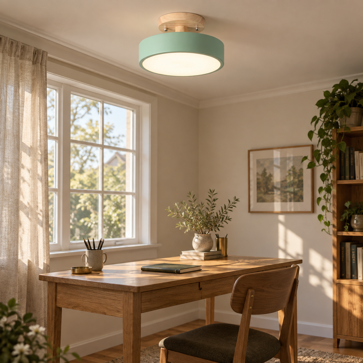Viseu Nordic LED semi-flush mount ceiling light, neutral light, in a study.