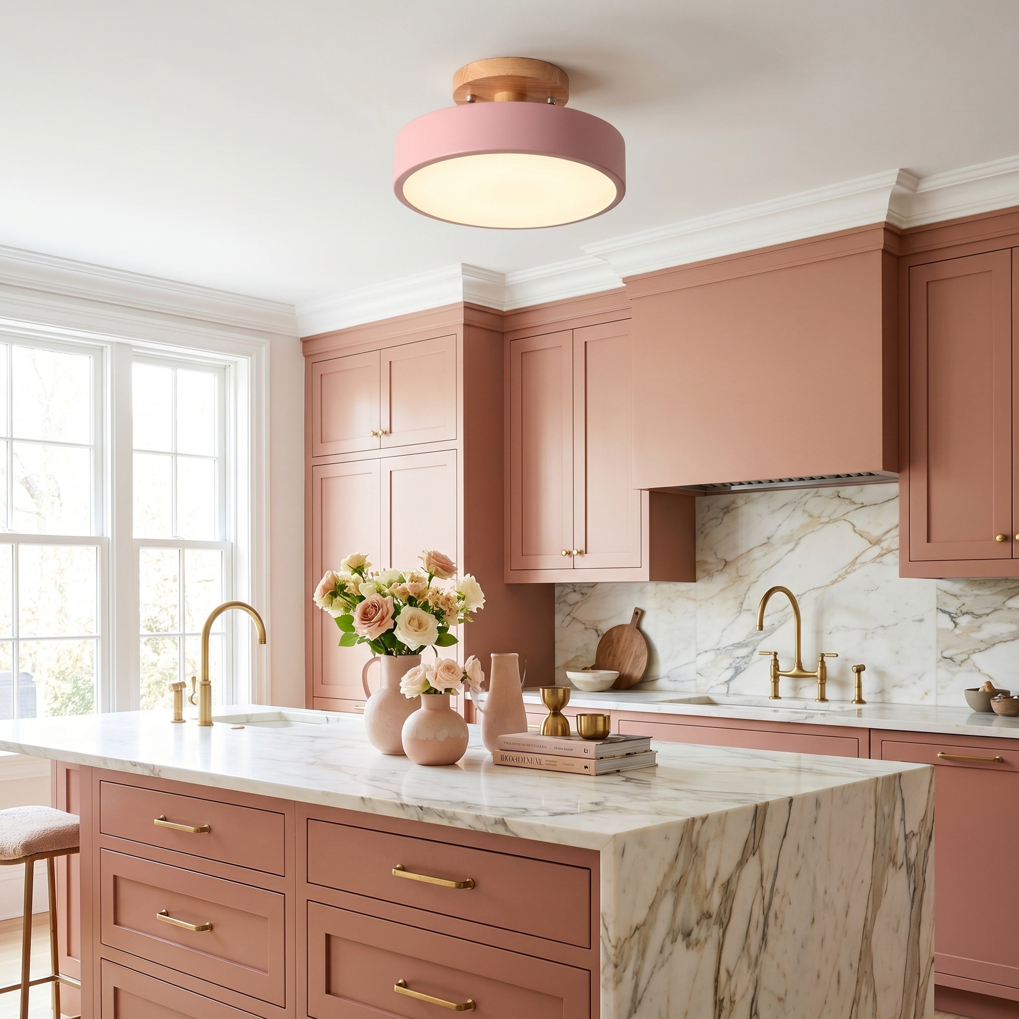 Viseu Nordic LED semi-flush ceiling light, pink finish with wood canopy, in a pink kitchen.