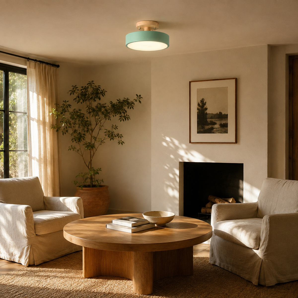 Viseu Nordic LED semi-flush mount ceiling light, white light, in a living room.