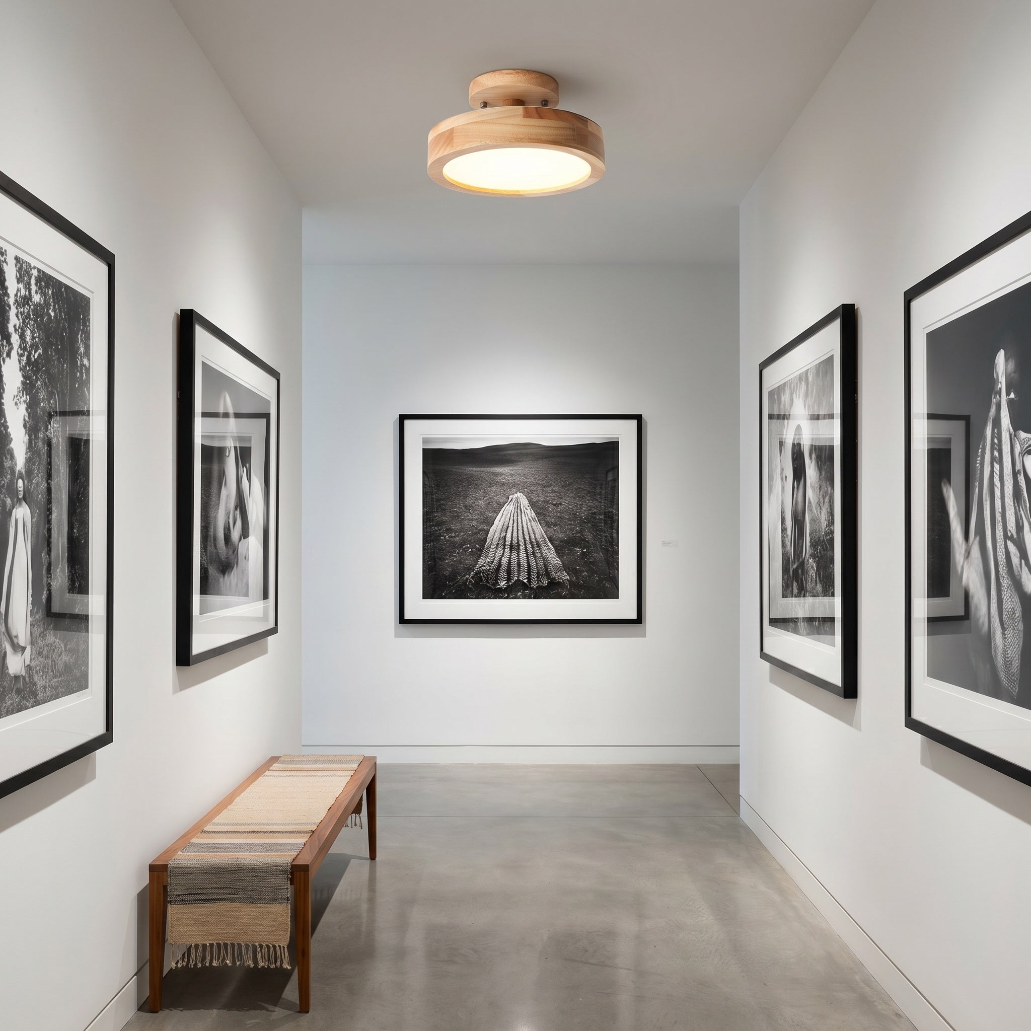 Viseu Nordic LED semi-flush ceiling light, natural wood finish, in a gallery hallway.