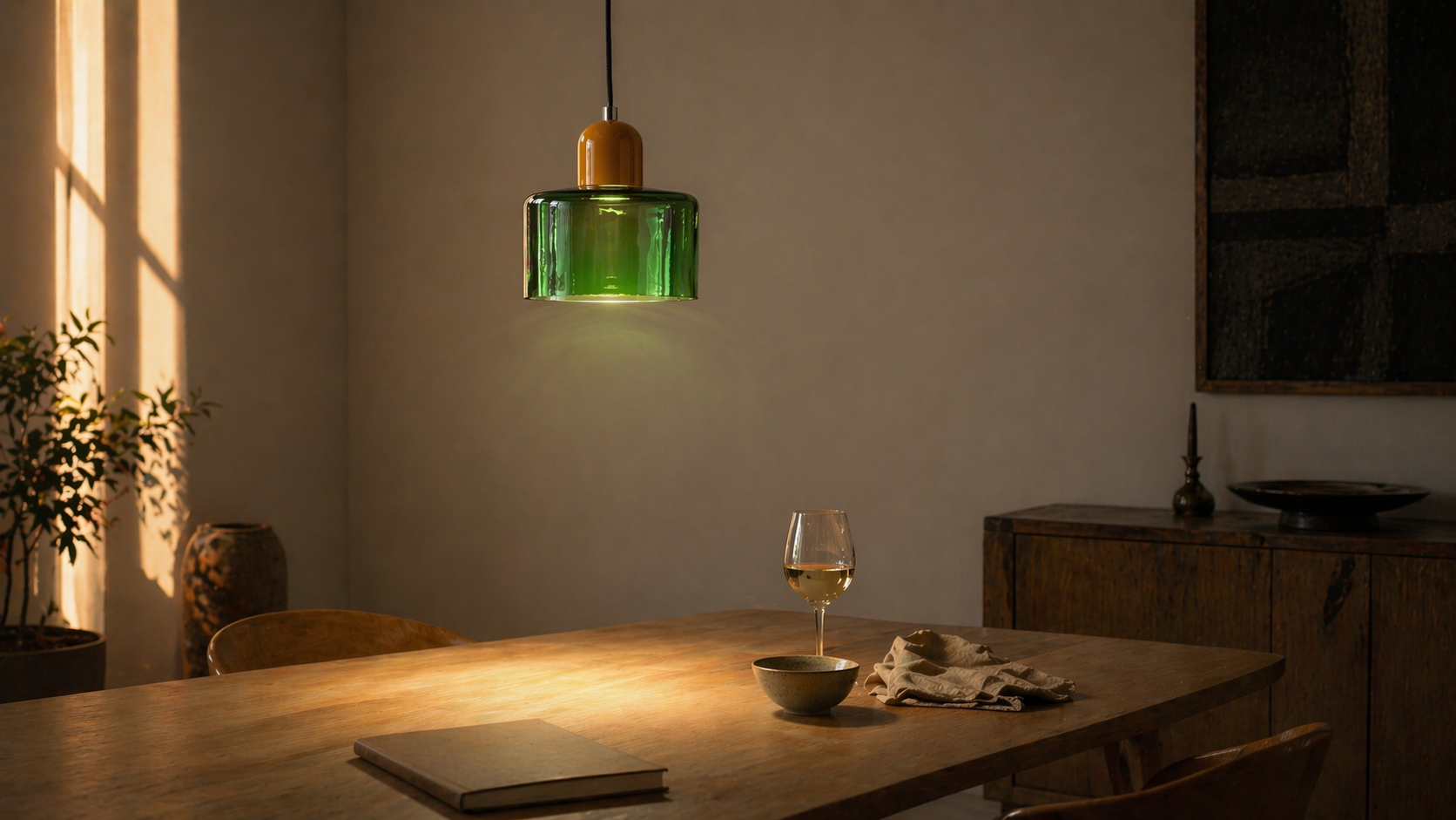 A green glass pendant hanging over a quiet wooden dining table at early evening, warm light pooling on the table.