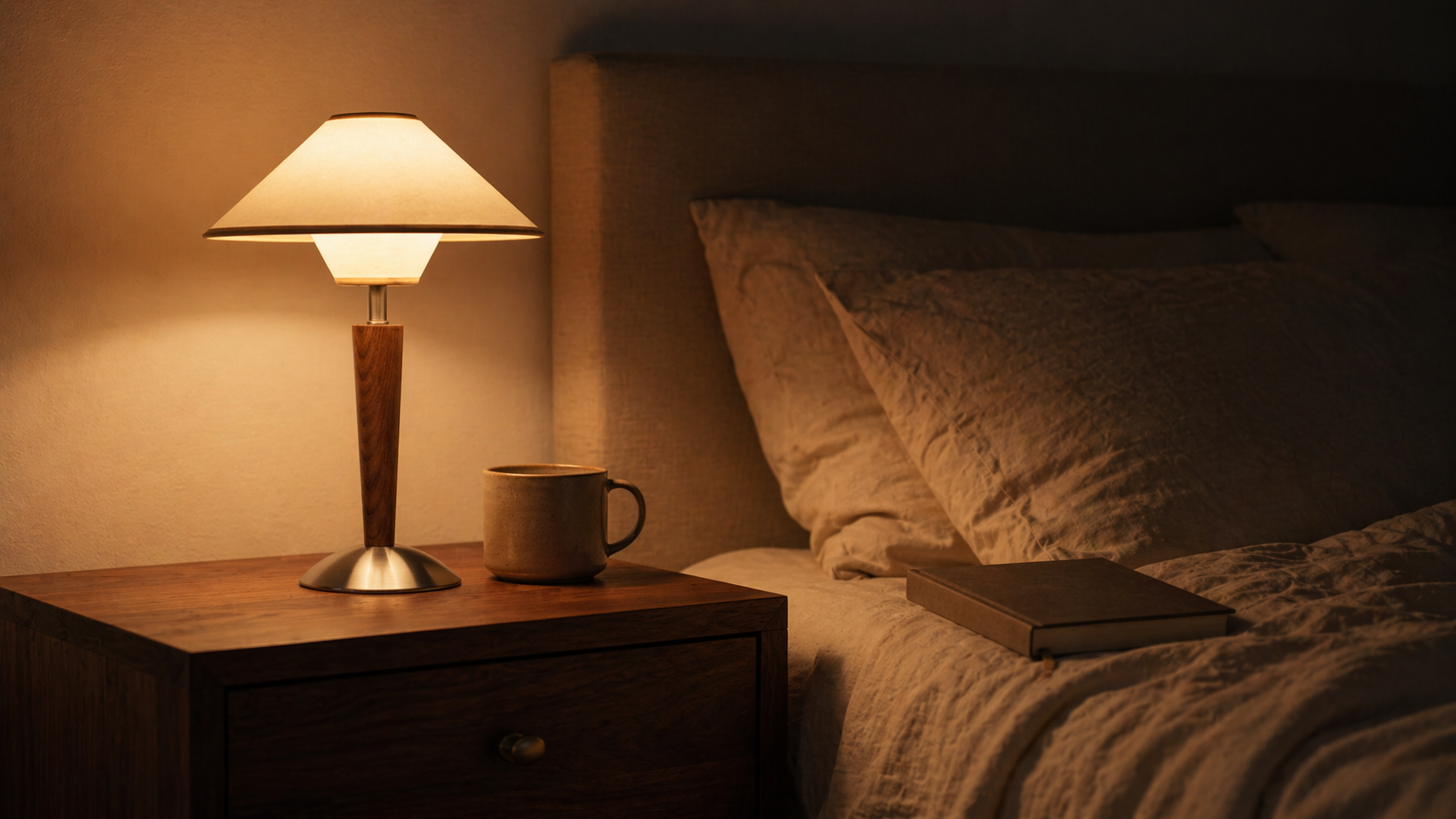 A wooden bedside table lamp with a cream fabric shade glowing warmly next to linen bedding and a book.
