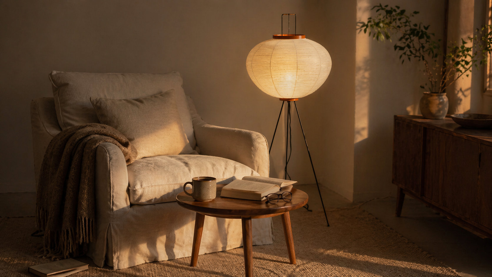 A rice paper floor lamp glowing warmly beside a linen armchair in a quiet reading corner at dusk.