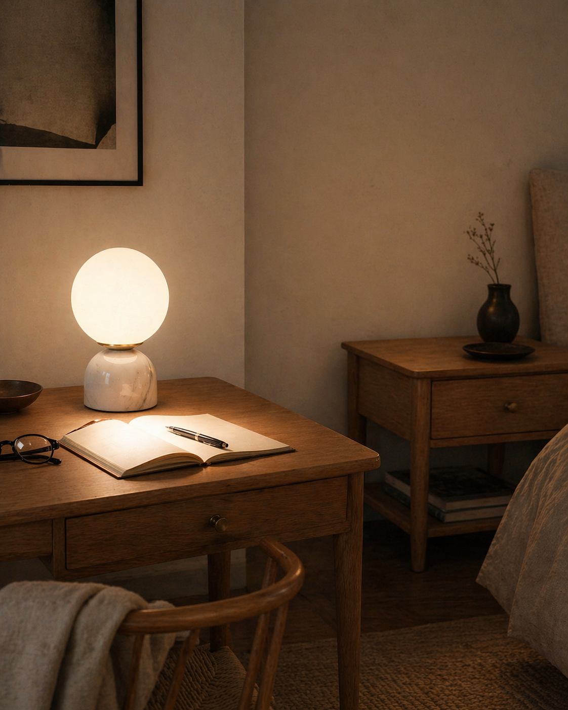 White globe task lamp lighting an open notebook on a writing desk