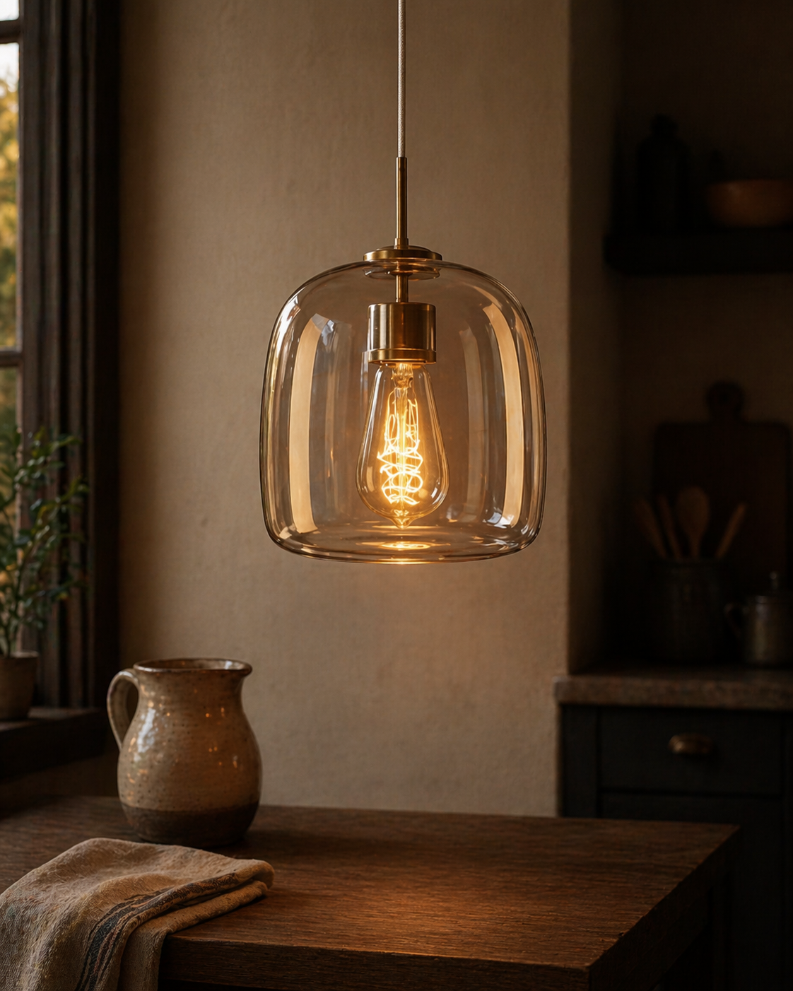 Clear glass pendant with a warm filament bulb in a quiet kitchen nook