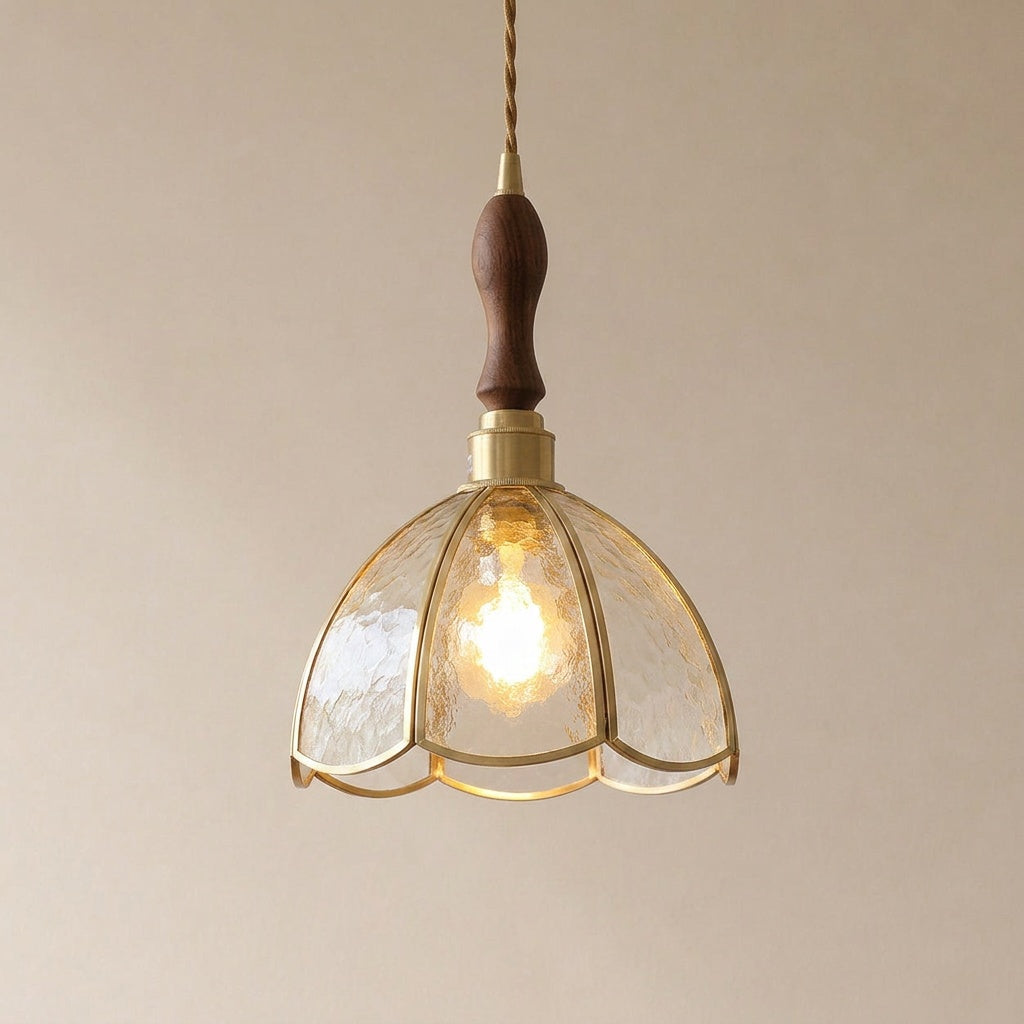 Burgau leaded glass pendant in clear hammered glass with wood spindle