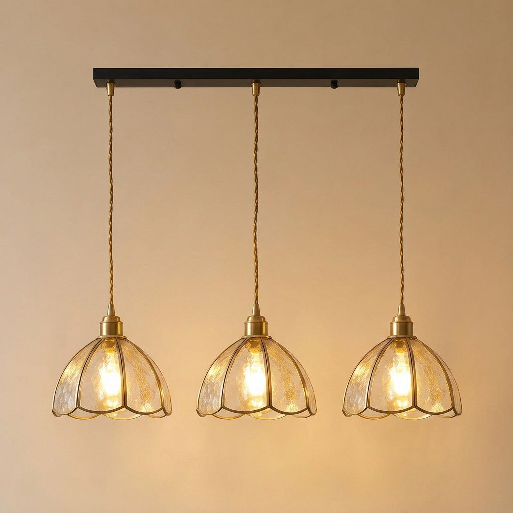 Burgau three light bar of leaded glass pendants in clear hammered glass