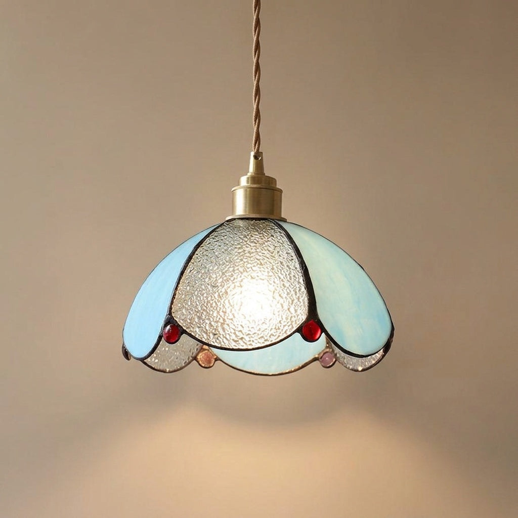 Burgau leaded glass pendant in clear and blue with red jewels