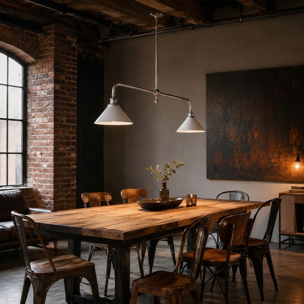 Ardila linear pendant with a polished chrome bar and two white aluminium cone shades, shown in a room