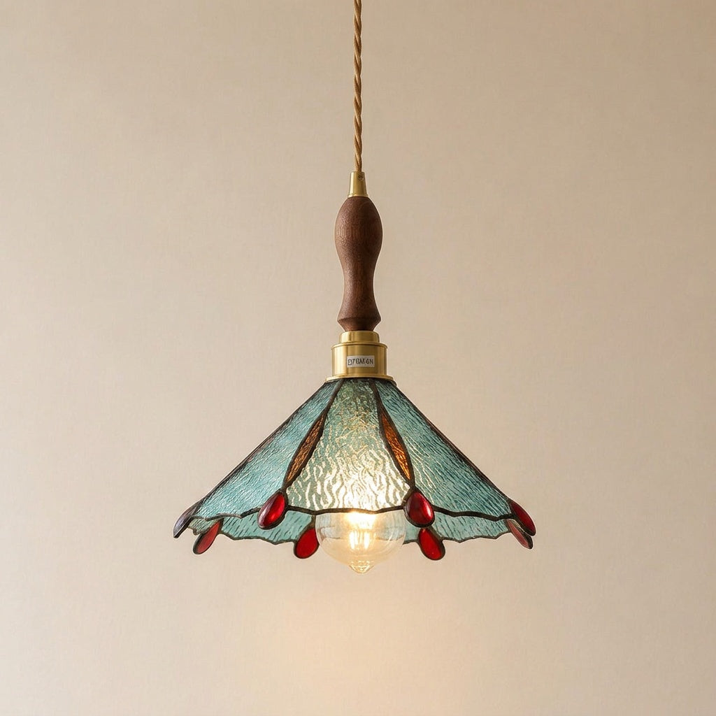 Burgau leaded glass pendant in teal and red with wood spindle