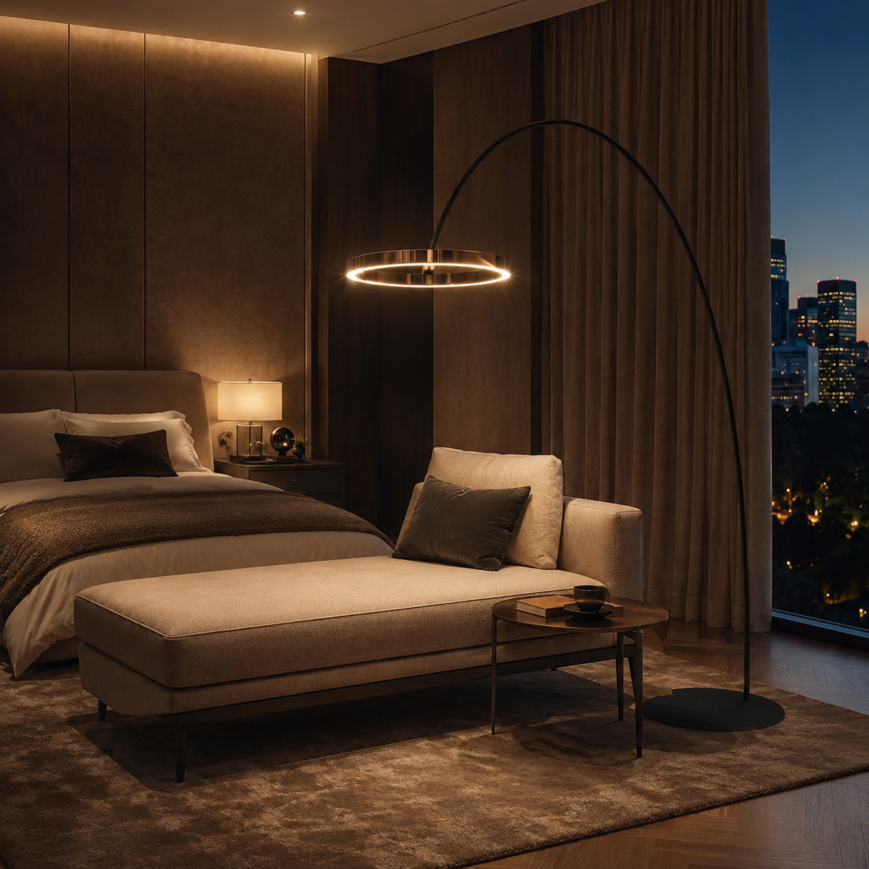 Arched LED floor lamp with brass ring in a bedroom with daybed and city window at night.
