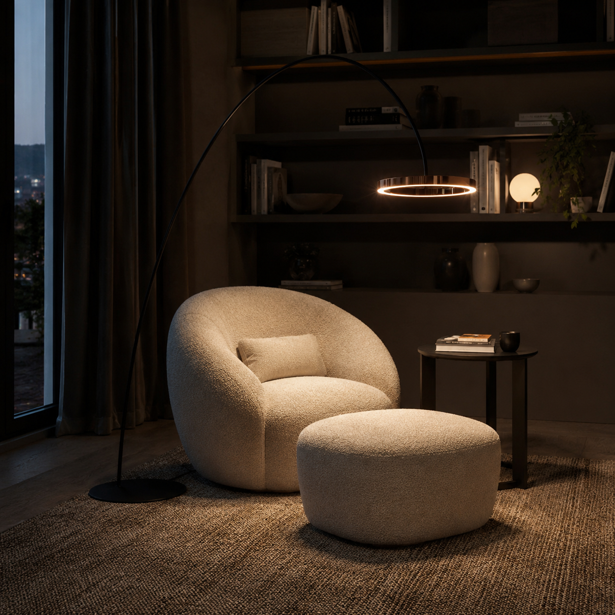 Arched LED floor lamp with brass ring beside a boucle armchair and ottoman in a low-lit room.