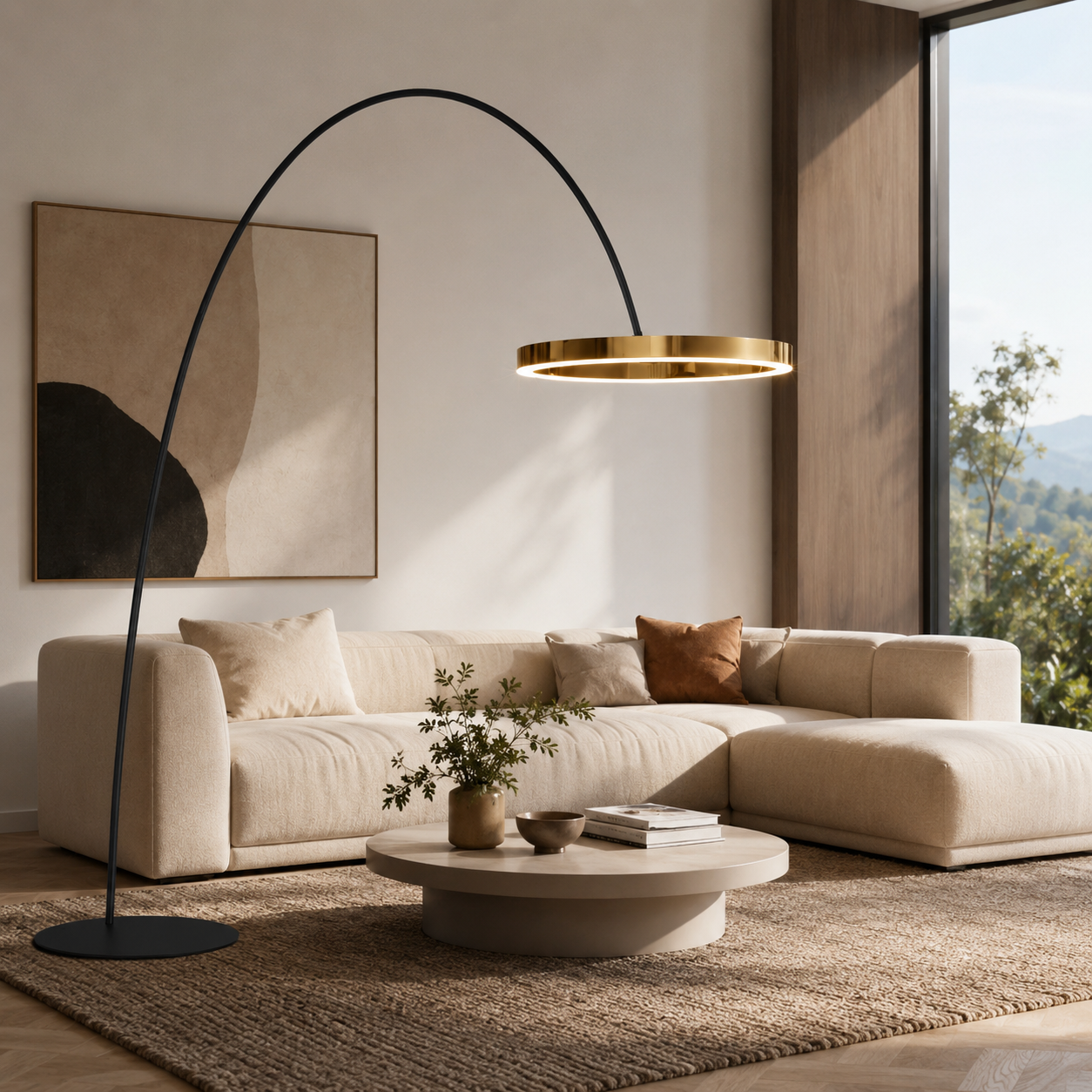 Black arched LED floor lamp with brass ring above a beige sofa, daylight valley view.