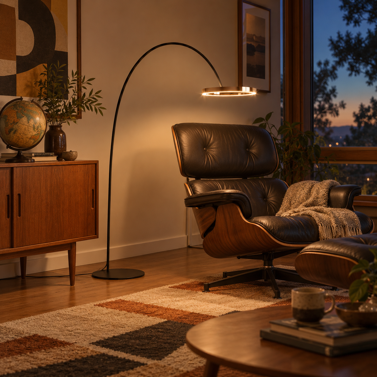 Abrantes arched LED ring floor lamp, warm light, in a den.